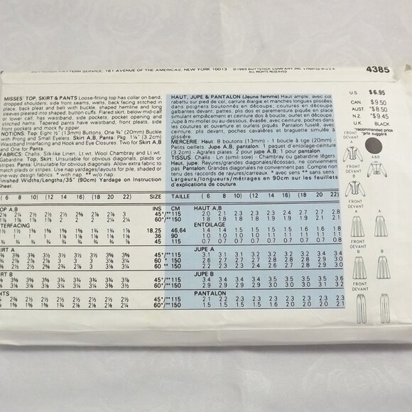 Butterick Sewing Pattern 4385 Misses' Top, Skirt, and Pants, Size 6-10 - Picture 3 of 6